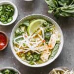 A bowl of Pho soup with chicken, cilantro, onion, basil, bean sprouts and a lime wedge.