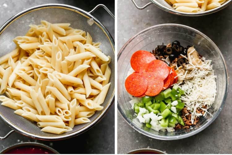 A bowl of cooked pasta next to a bowl with the ingredients needed for pizza casserole.