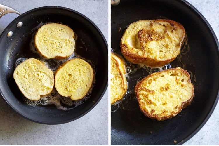 Two process photos of bread frying a pan to make torrijas.