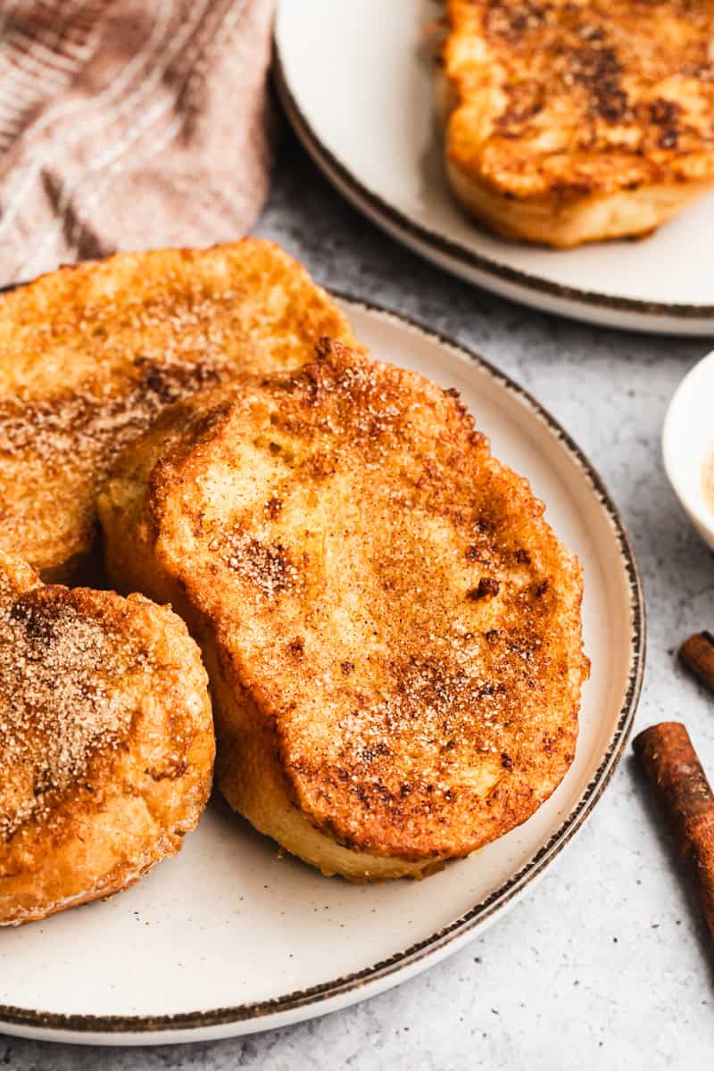 This Torrijas recipe is the Spanish version of French Toast. It's dipped in milk and vanilla then pan fried. It's so yummy and often served for dessert!