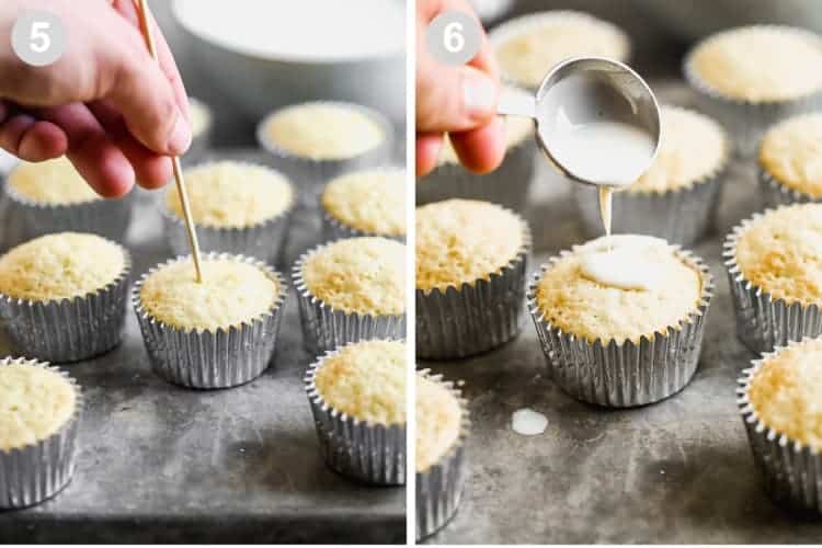 Two process photos for poking holes and pouring three milk mixture over tres leches cupcakes.