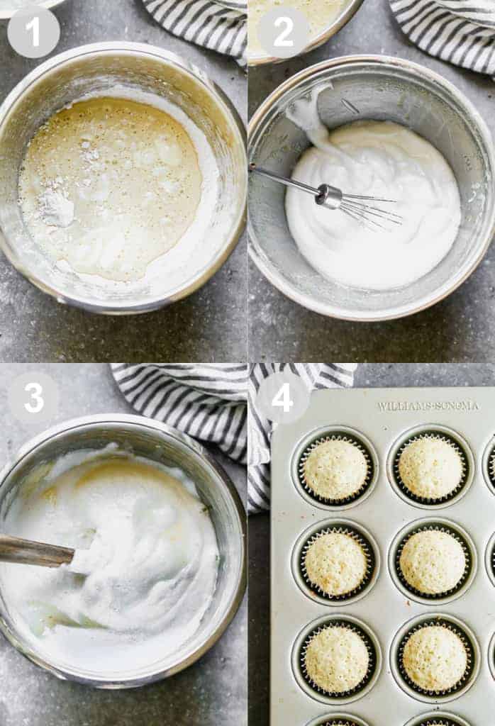 Four process photos for making the batter and baking Tres Leches Cupcakes.