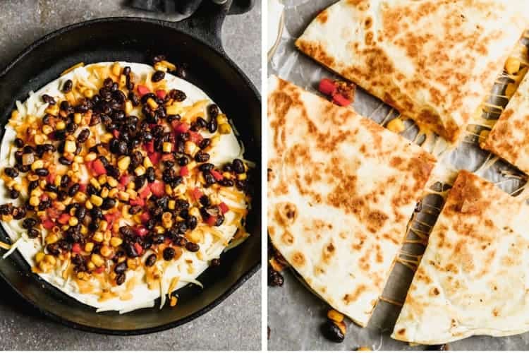A black bean quesadilla cooking in a skillet, then cut into four pieces.
