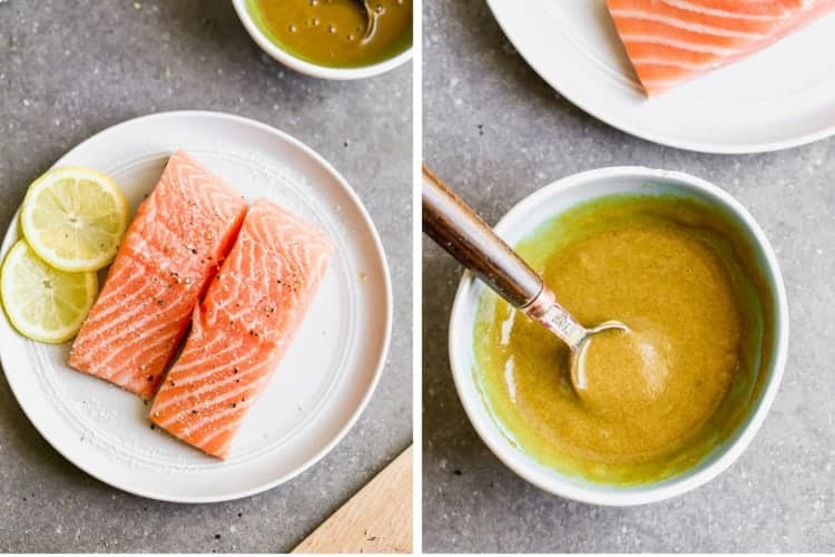Two salmon filets on a plate next to a brown sugar dijon glaze in a bowl.
