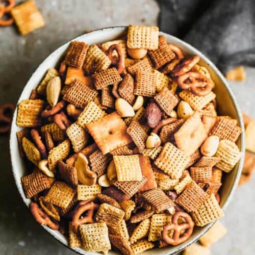 Overhead photo of a bowl filled with homemade Chex mix.