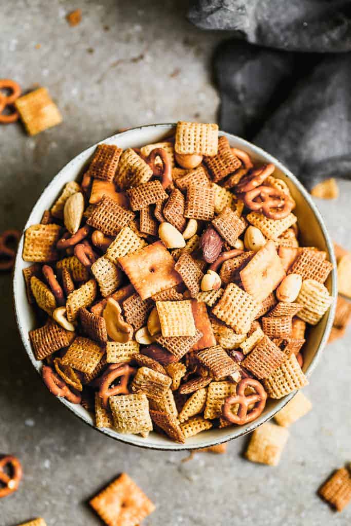 Overhead photo of a bowl filled with homemade Chex mix. 