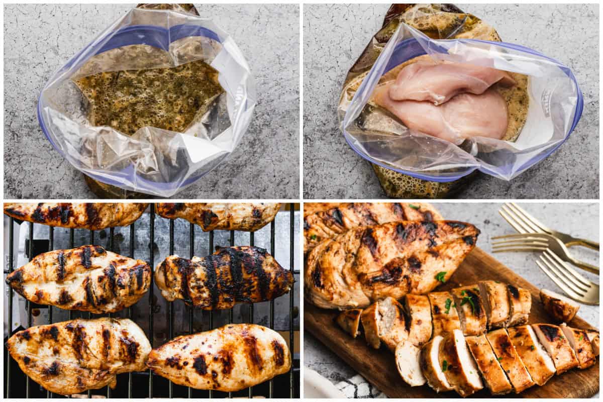 This grilled chicken marinade recipe is easy to make with just five ingredients in a ziploc bag. It makes juicy, flavorful chicken that is versatile enough to serve with any side dishes!