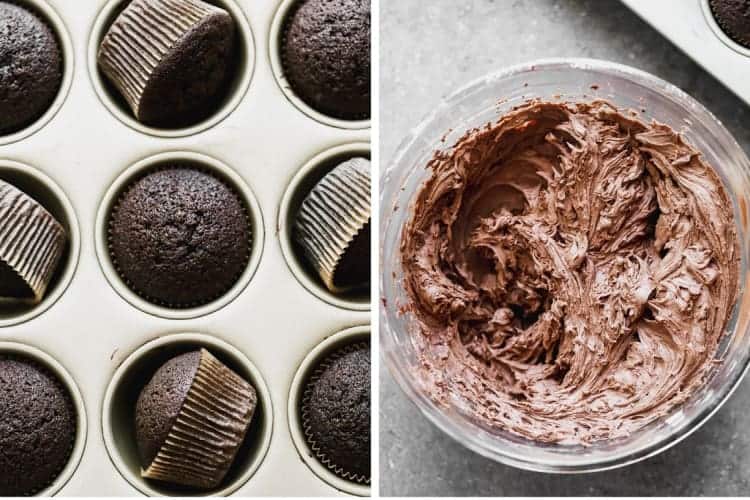 A muffin tin with baked chocolate cupcakes next to a bowl of chocolate buttercream.