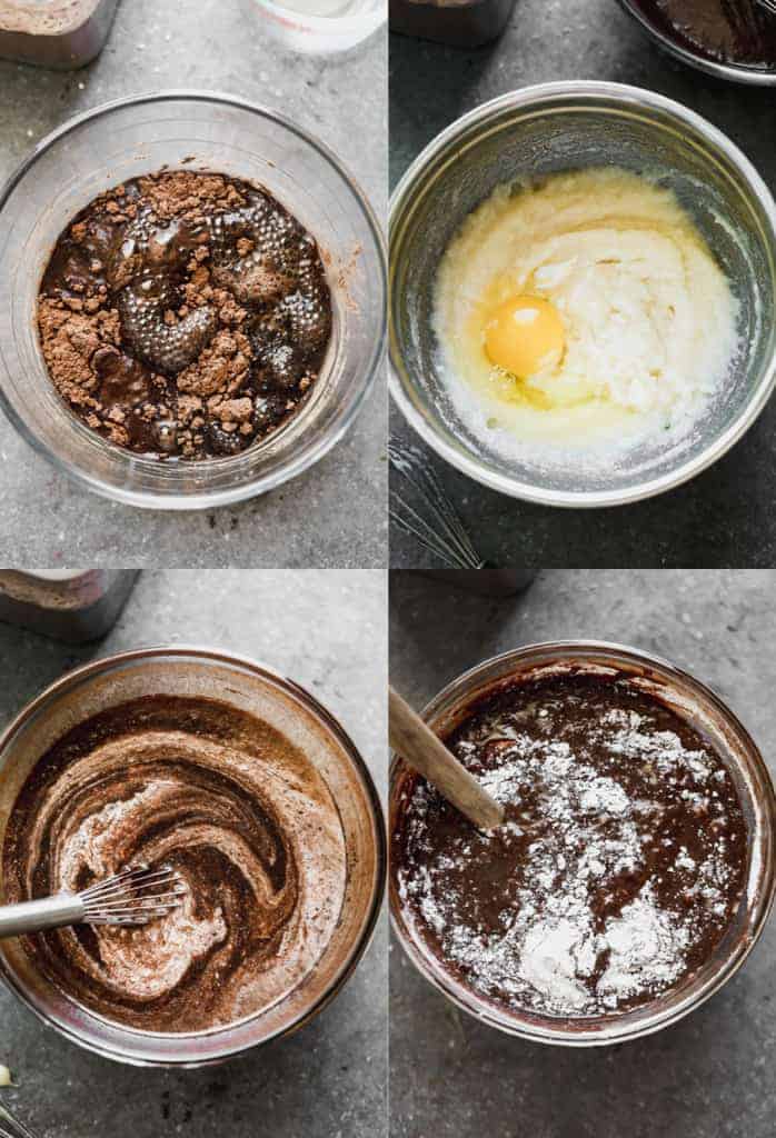 Four process photos for making chocolate cupcake batter in a mixing bowl.