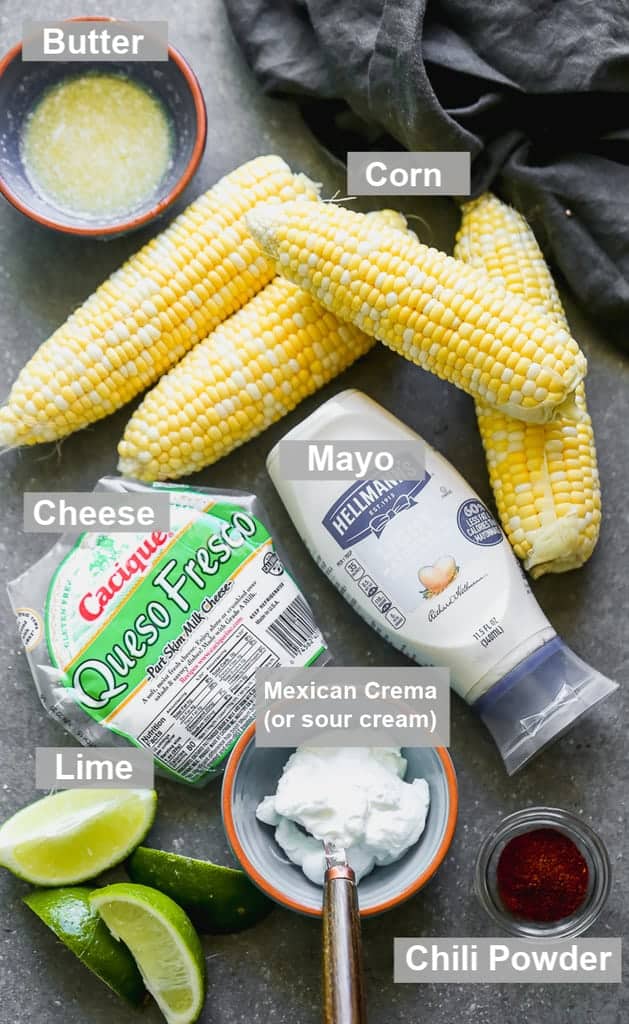 Labeled individual ingredients needed to make esquites Mexican street corn.
