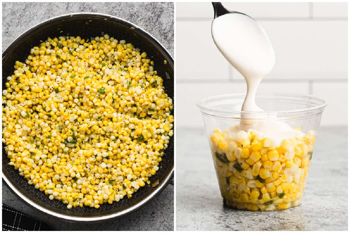 Two images showing how to make esquites by sautéing onion, pepper, and corn in a pan then after it's scooped in a cup with mayonnaise and a spoonful of Mexican crema being poured on top.