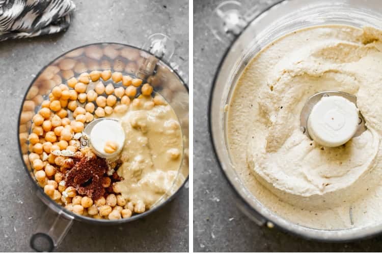 A food process with the ingredients for hummus before and after blending.