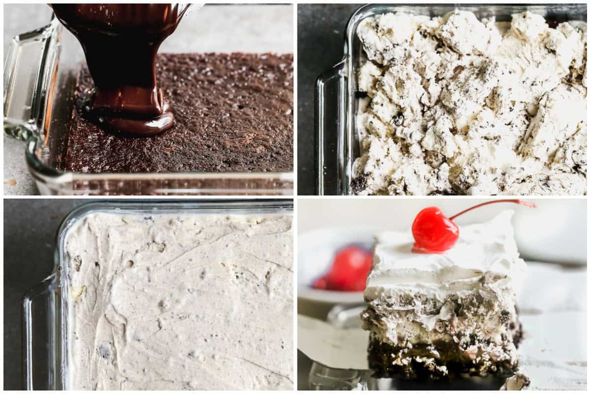 Four images showing how to make an ice cream cake by baking a chocolate cake and covering it with a layer of fudge then ice cream.