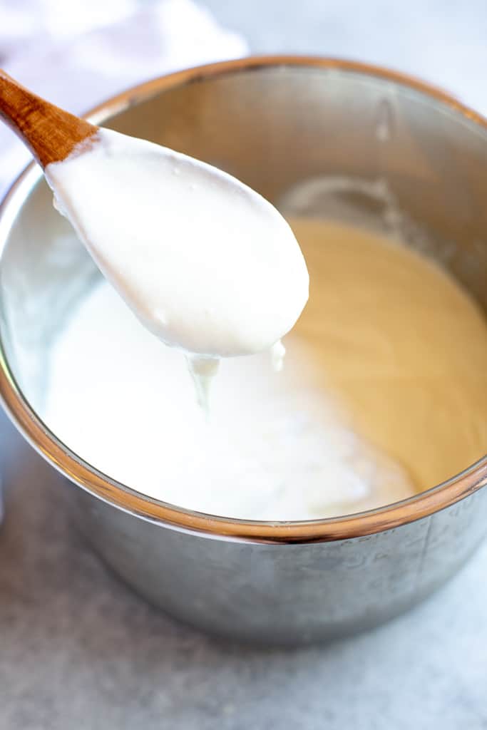 A spoonful of yogurt help up from an instant pot with homemade yogurt in it.