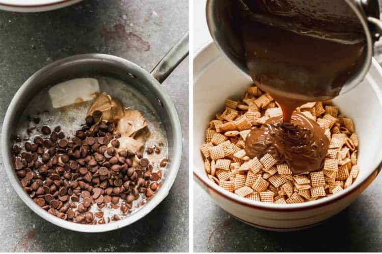 Chocolate chips, peanut butter and butter melting in a pan and then poured over chex cereal in a bowl.