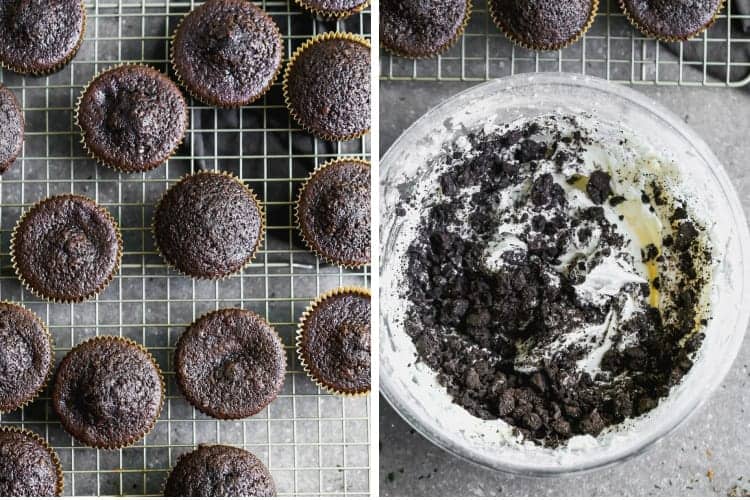 Baked chocolate cupcakes on a cooling rack next to a bowl of Oreo frosting.