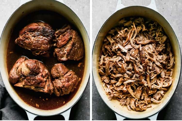 Cooked pulled pork in a dutch oven pot, before and after it has been shredded. 