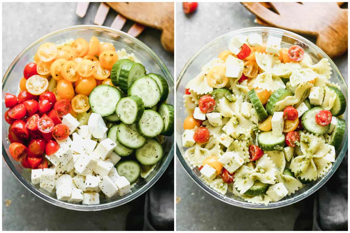 This Summer Pesto Pasta Salad recipe is bursting with flavor but is so simple and made in just 20 minutes! It's my favorite last minute dinner or potluck dish.