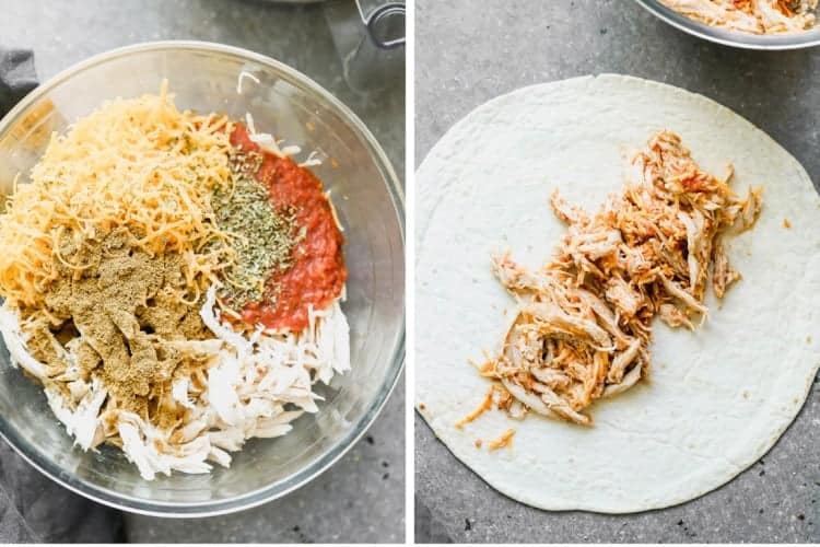 Shredded chicken and spices in a bowl then topped on a flour tortilla. 