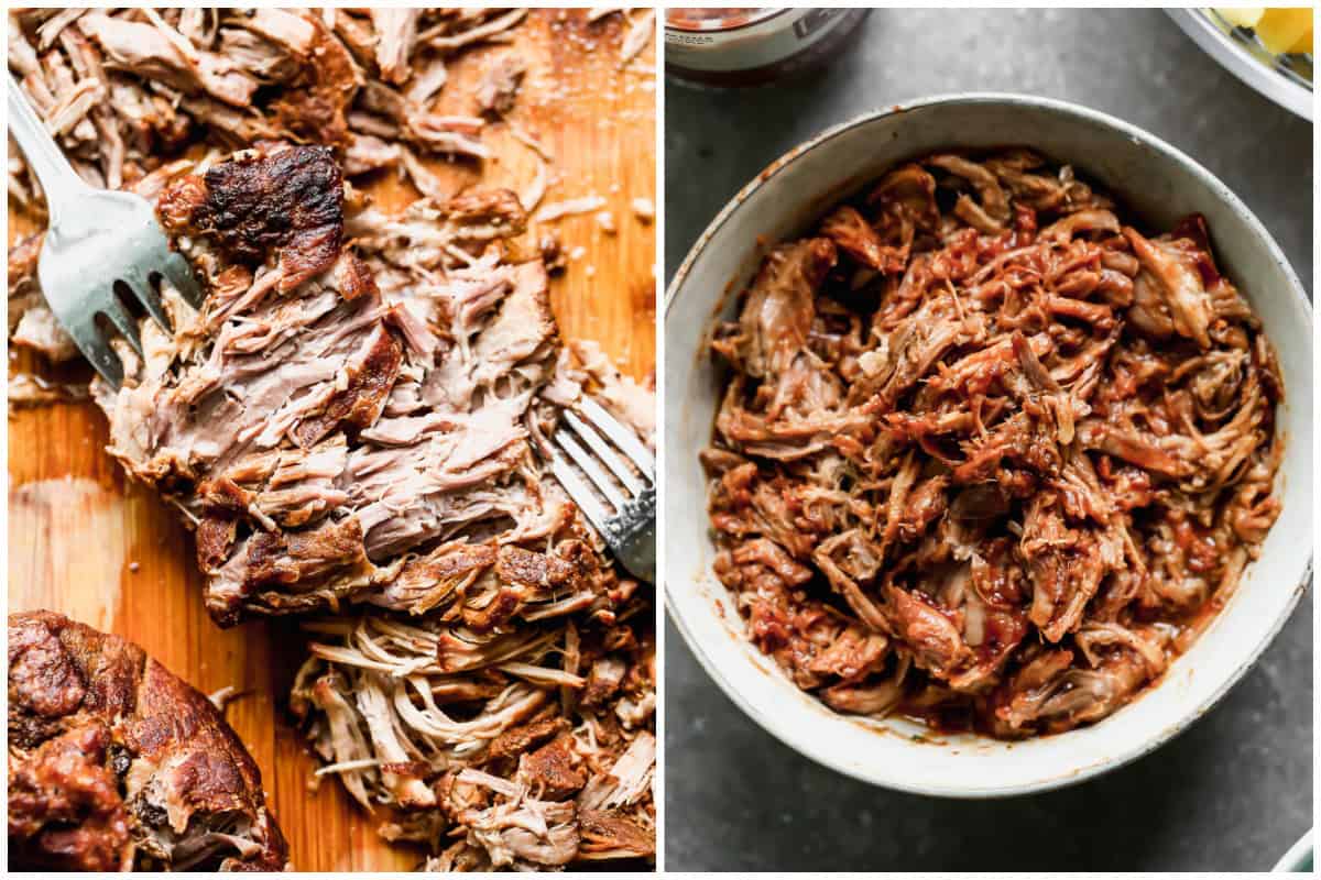 Two images showing how to make pulled pork sandwiches by shredding the pork then coating it in BBQ sauce.