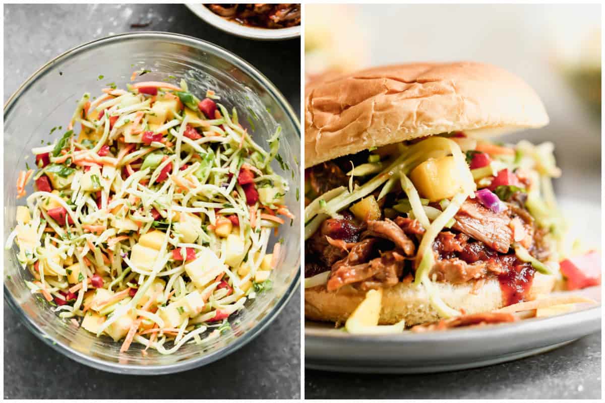 Two images showing a pineapple mango coleslaw then after it's placed on a bbq pulled pork sandwich and ready to eat.