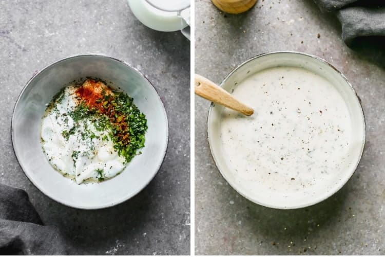 Two process photos of the ingredients for ranch dressing in a bowl, then mixed together with a spoon.