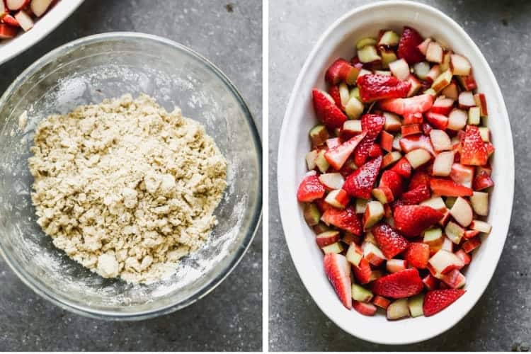 A bowl of oat topping next to a dish with strawberries and chopped rhubarb.