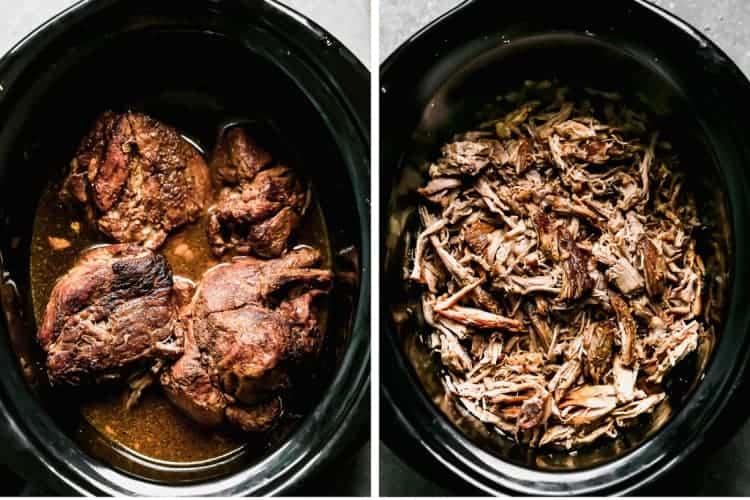 Cooked pulled pork in a slow cooker before and after it has been shredded. 