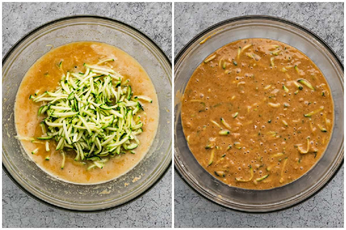 Two images showing how to make zucchini cake batter by dumping the grated zucchini into the wet ingredients then after the dry ingredients are mixed in.