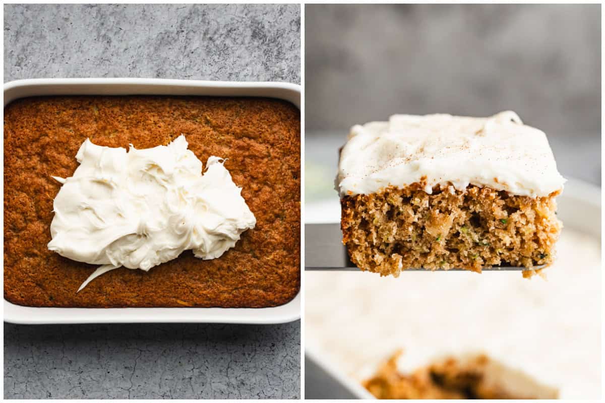 Two images showing a zucchini cake with cream cheese frosting being spread on top then after a piece is cut and being lifted to serve.