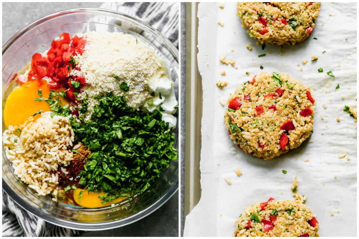 Two images showing how to make a quinoa veggie burger by mixing all the ingredients together then forming into patties on a sheet of parchment paper.