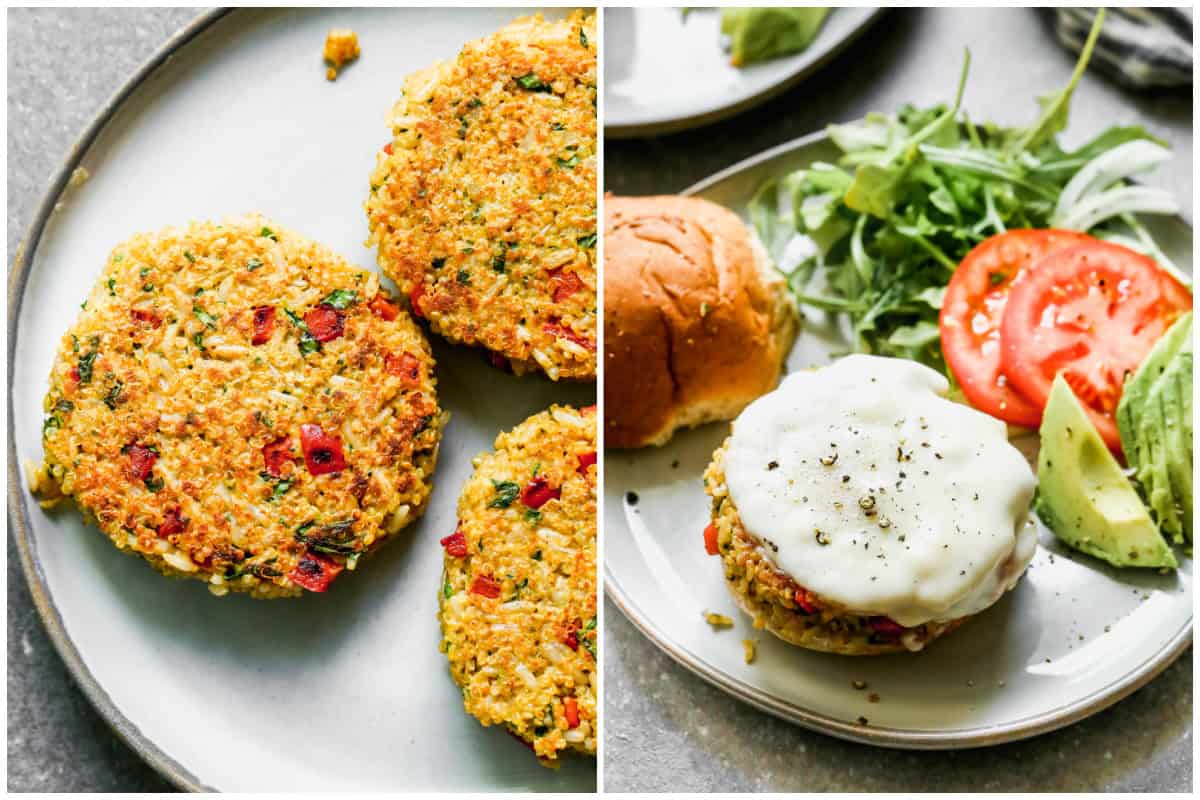 Two images showing the best Quinoa Burger recipe cooked until golden then placed on a bottom bun with melted provolone on top and all the fixings to add.