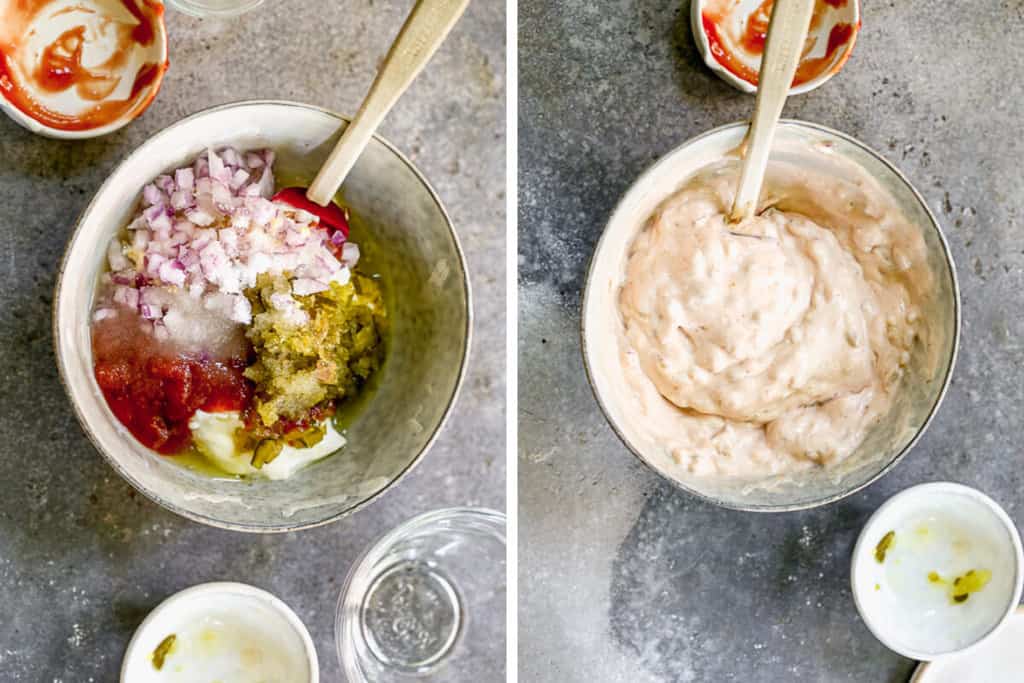 Deux photos de processus montrant les ingrédients de la vinaigrette Mille-Îles mélangés dans un bol.