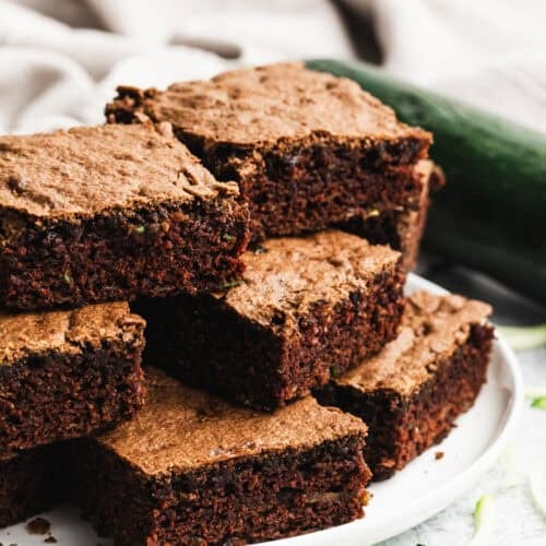 Fudgy Zucchini Brownies made from scratch, served on a plate, ready to enjoy.