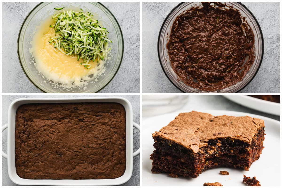 Four images showing how to make a recipe for zucchini brownies by combining the ingredients to make a batter then baking and serving.