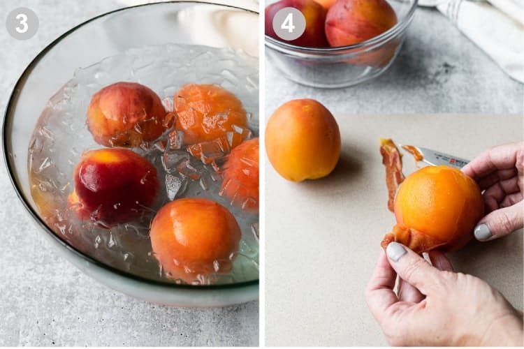 An ice water bath with peaches in it, next to hands peeling the skin from a peach.