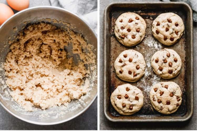 Two process photos for making cookie dough in a mixing bowl, then baking cookies on a tray.