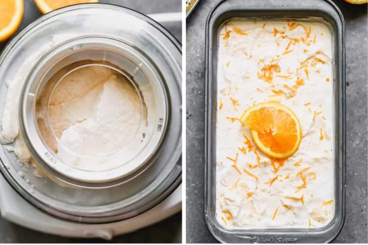 Orange Ice cream churning in an ice cream maker, then poured into a loaf pan.