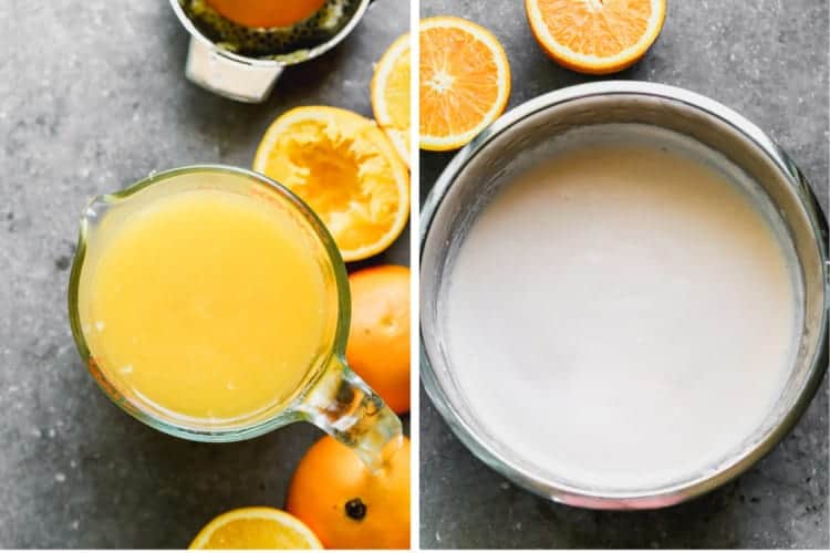 A liquid measuring cup with freshly squeezed orange juice next to a mixing bowl with cream and sugar.