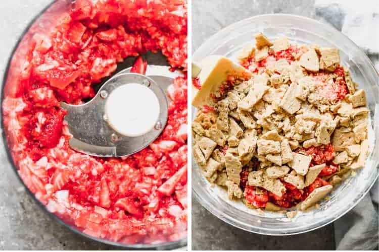 Strawberries crushed in a food processor next to a photo of strawberries and graham cracker pieces added to ice cream in a bowl.