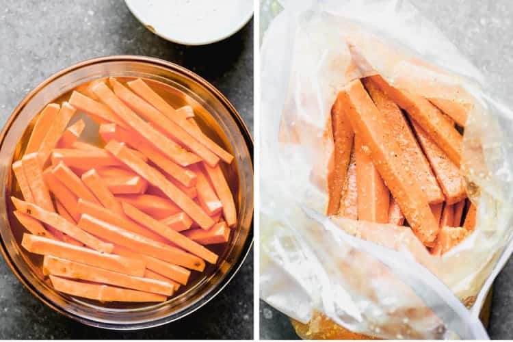 Sweet potatoes cut into long thin slices, soaking in a bowl of cold water, then seasoned and added to a ziplock bag.