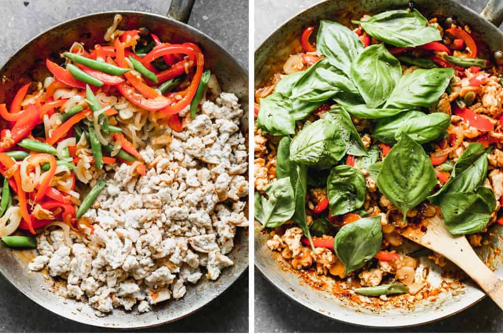 Two process photos for cooking veggies and ground chicken in a pan, then adding sauce and basil to make Thai Basil Chicken.