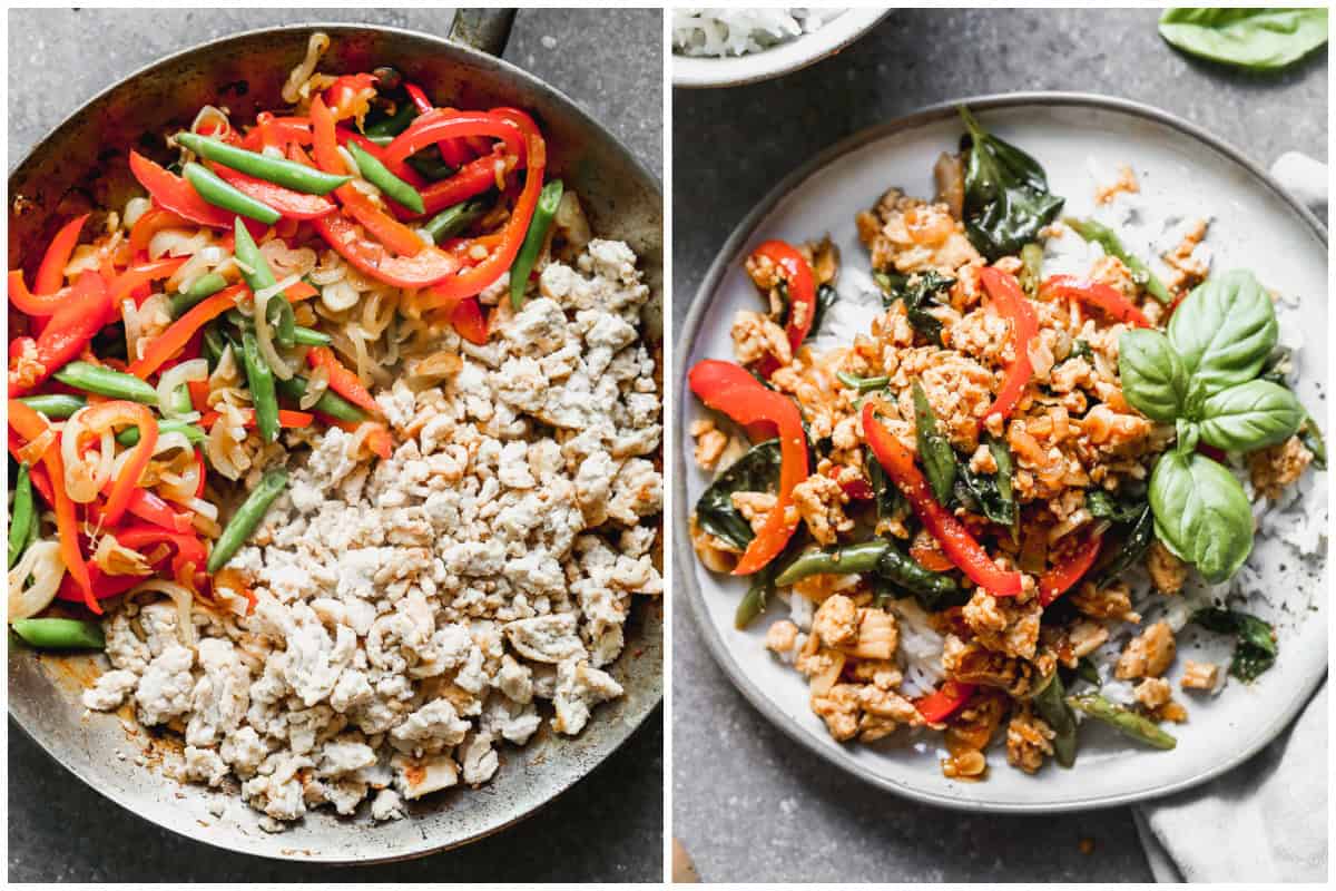 Two images showing ground chicken and veggies being cooked in a large pan for an easy Thai Basil Chicken recipe, then after it's served over rice.