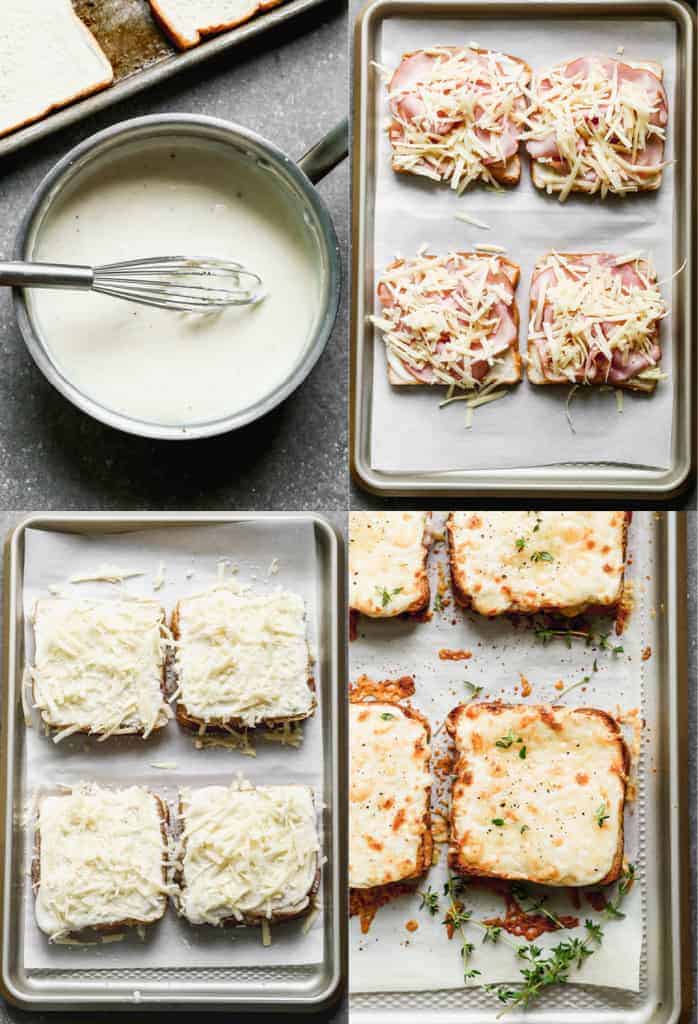Four process photos for how to make a Croque madame, including the béchamel sauce in a saucepan, and bread slices layered with béchamel, ham, cheese, then toasted.