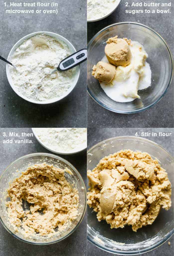 Four process photos for making edible cookie dough by heat treating flour, then making cookie dough from butter, sugars and vanilla.