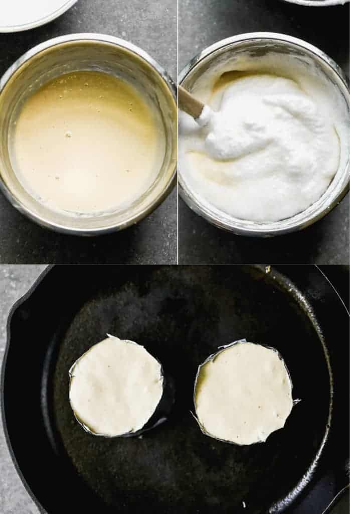 Three photo collage for the process of making pancake batter and pouring into ring molds for Japanese souffle pancakes.