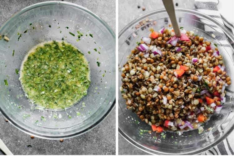 To process photos for making the dressing, then assembling a lentil salad.