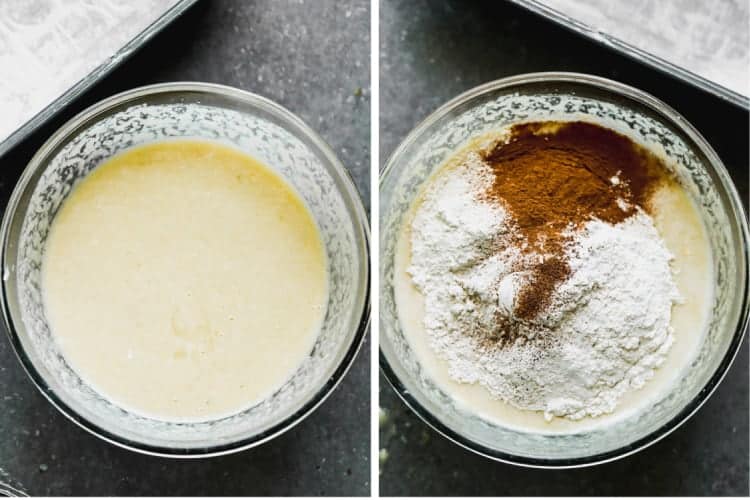 Deux photos de processus pour la pâte à pain à la compote de pommes.