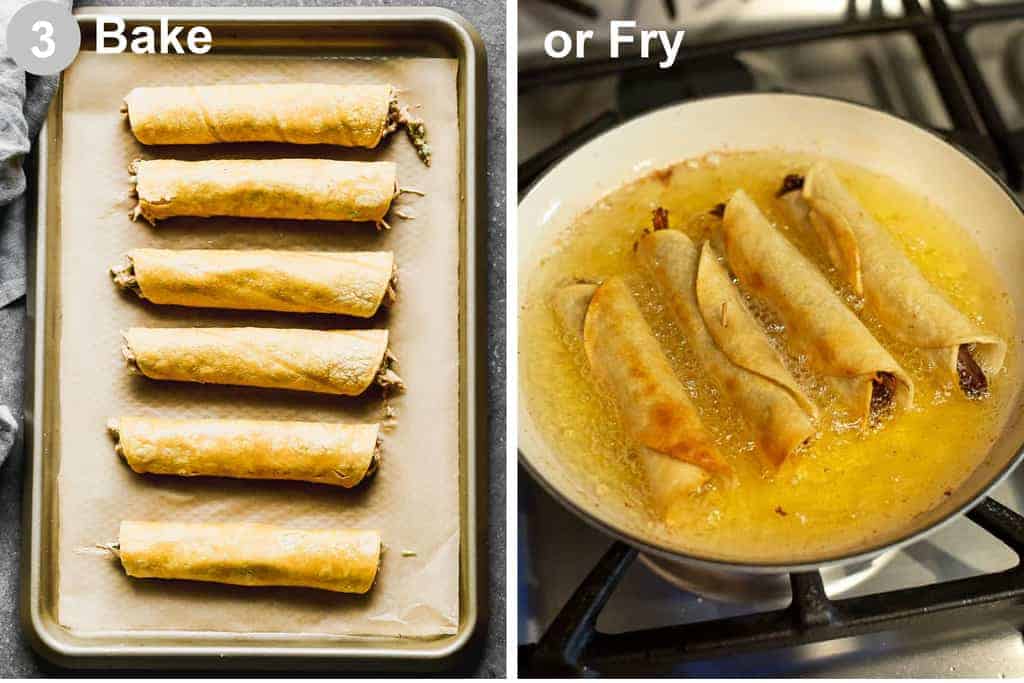 Chicken taquitos on a baking tray next to another photo of taquitos frying in a pan with oil.