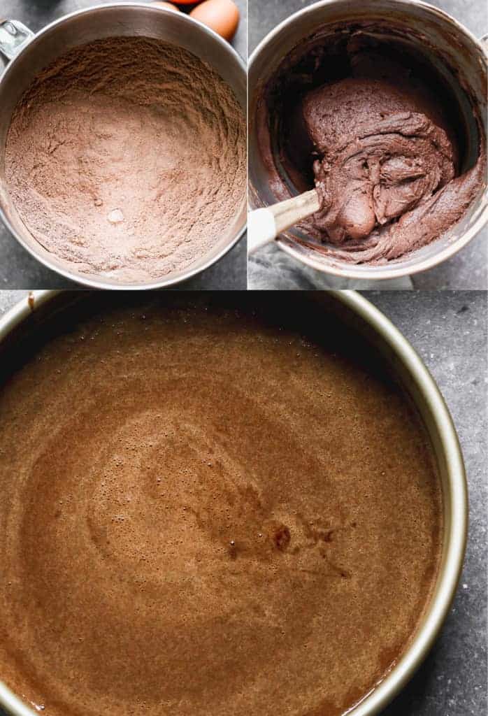 Three process photos for making dark chocolate cake batter.